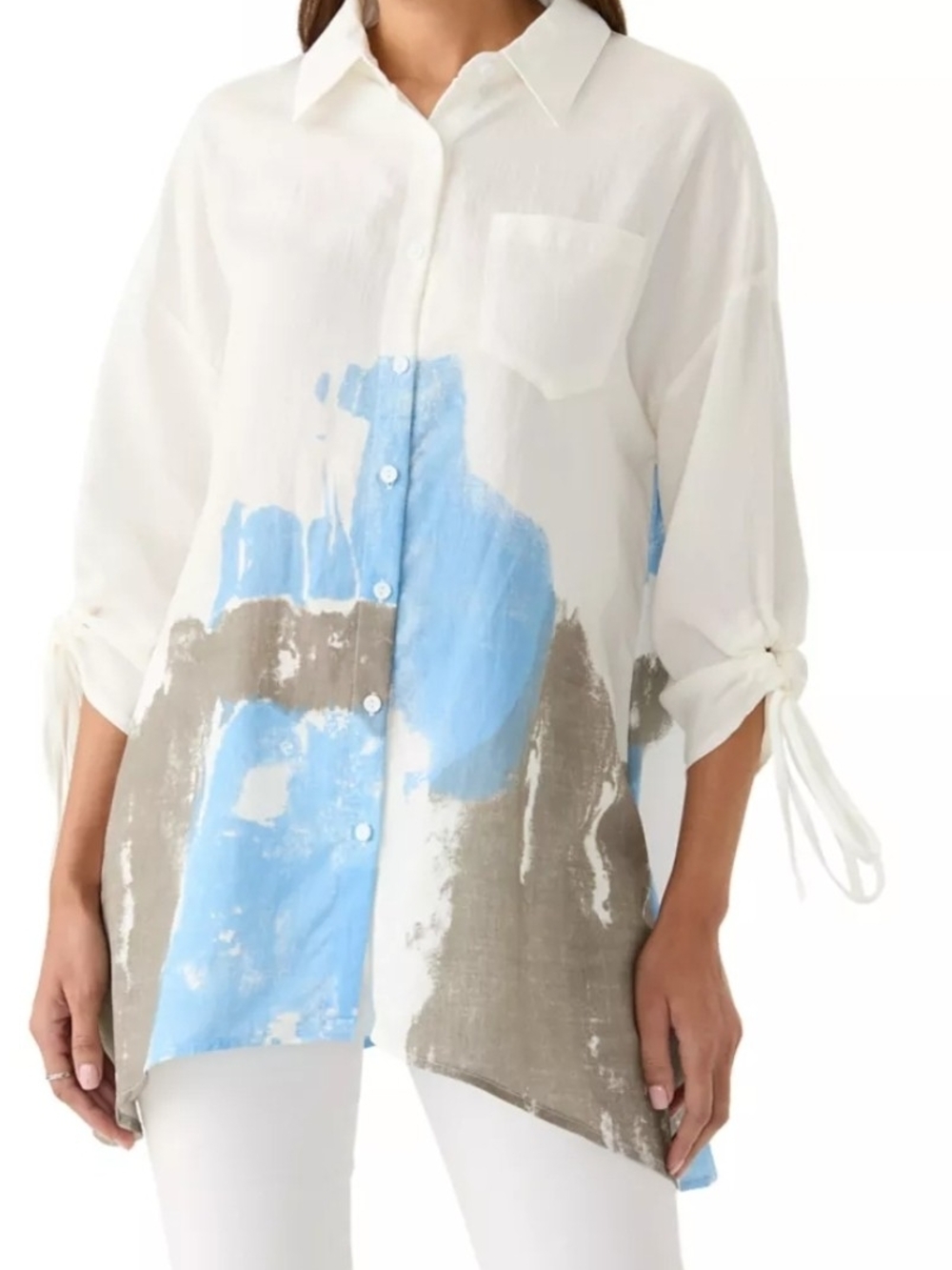 Patrizia Luca White Button-Front Tunic with Blue and Taupe Abstract Print